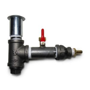 Side view of blast cabinet metering valve with drain plug: one of the best blast cabinet upgrades available.