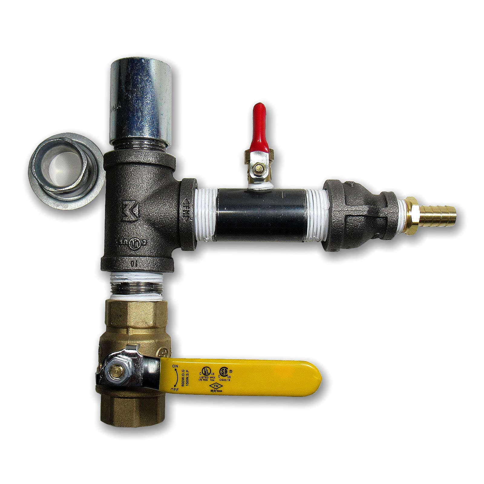 Easy Drain blast cabinet metering valve shown from the side along with included mounting hardware.