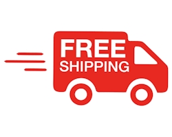 Icon image of a fast moving red shipping truck with text reading "FREE SHIPPING" 