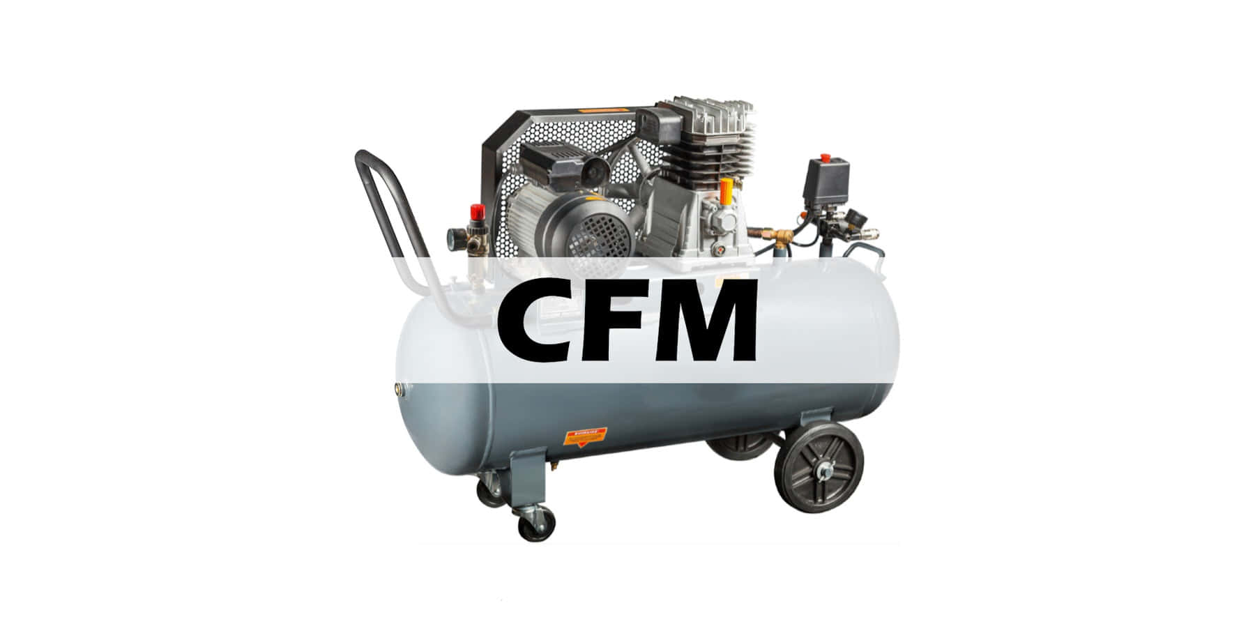 Air compressor with text overlay reading "CFM" in large bold black letters.